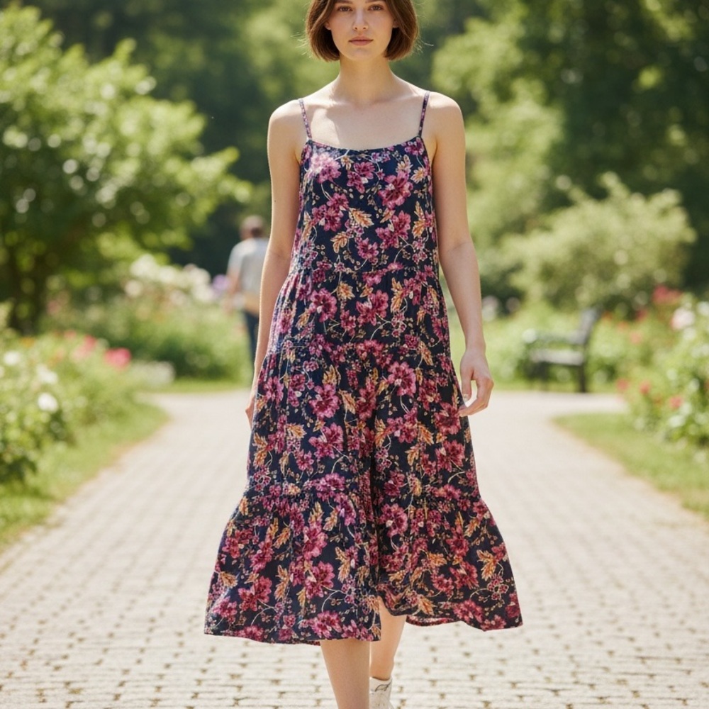 Old Navy Floral Linen Blend Midi Dress - Pink and Blue